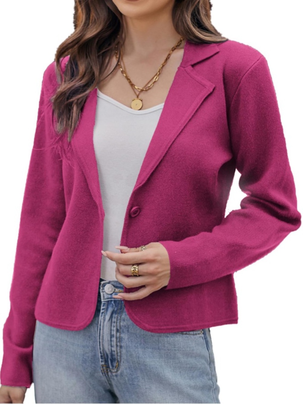 NWT Grace Karin Magenta Single-Button Short Knit Cardigan Sweater Blazer Jacket